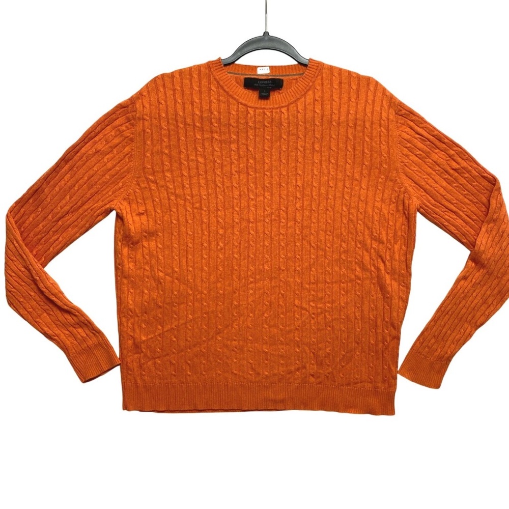Express Silk Cashere Sweater Womens L Orange Cable Knit Crewneck Pullover
